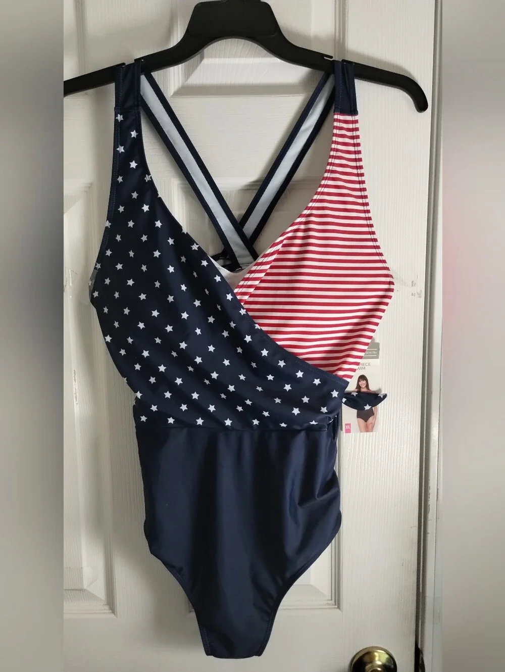 NWT Plus Size Berkley Jensen Patriotic One-Piece Swim Suit With Crossover Back